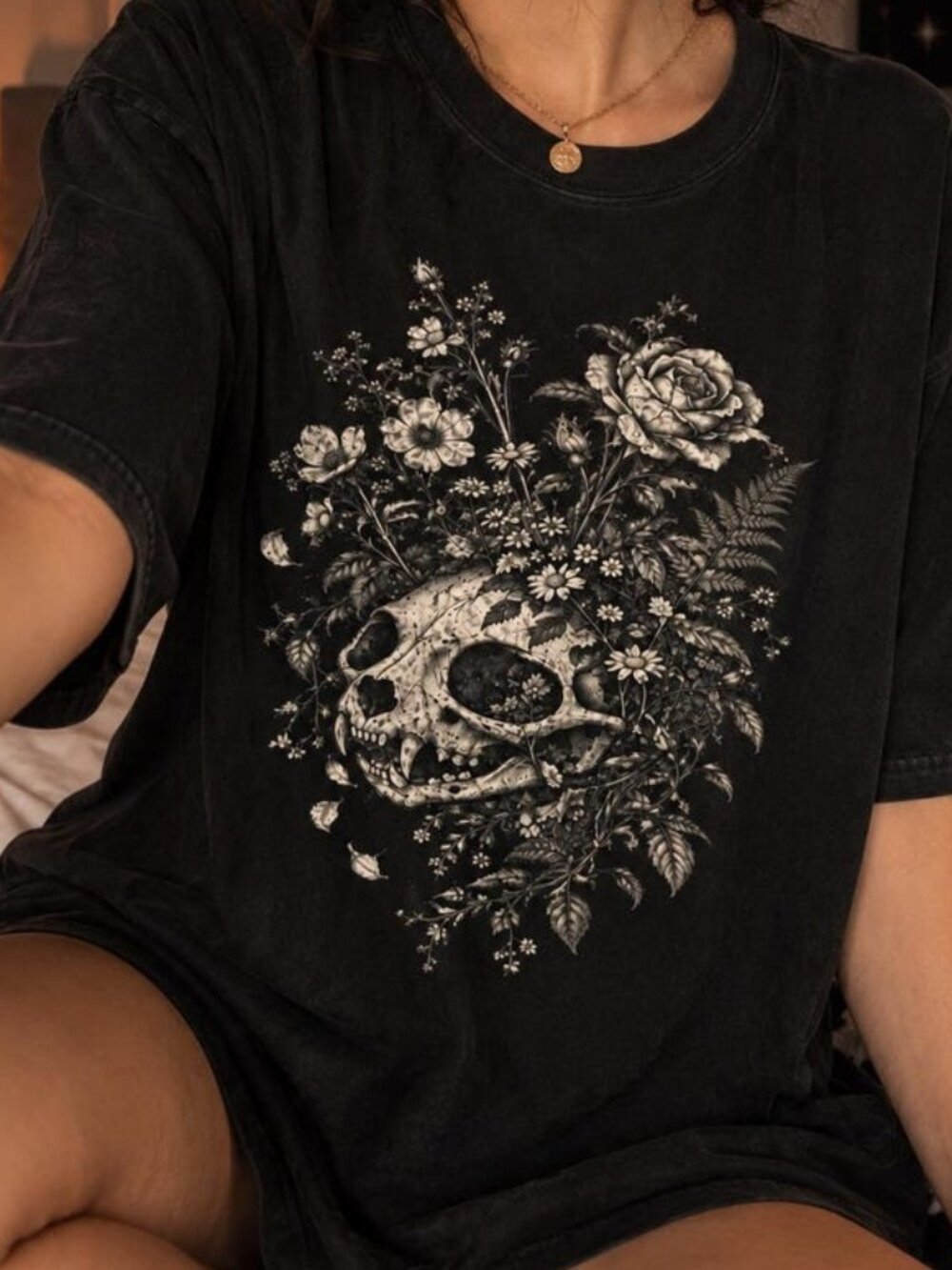 Floral Cat Skull Gothic Halloween Tee
